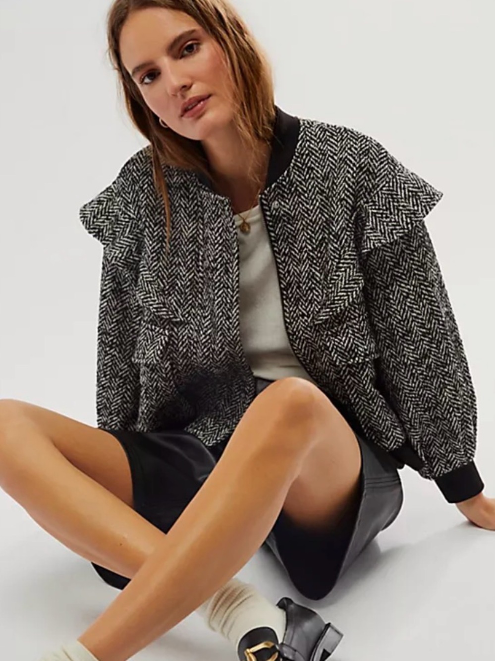 Driftwood Free People Black & White Herringbone Bomber Jacket